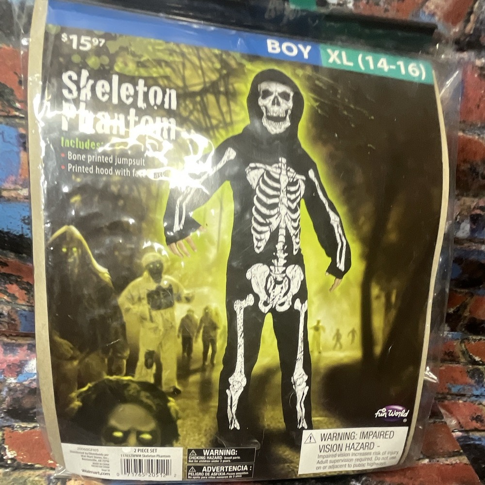 Fun World Boys Skeleton Phantom Costume XL 14-16 Hood Mask Bone Jumpsuit